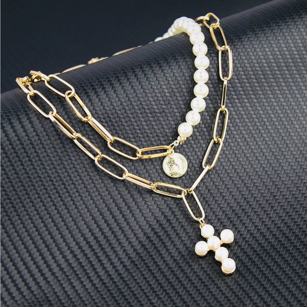 Unique Gold Tone and White Pearl Layered Necklace With Pearl Cross Pendant - Picture 2 of 2